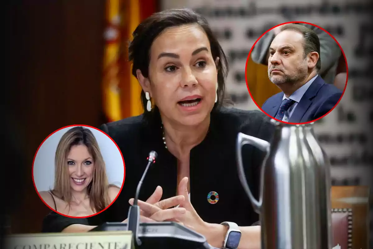 Una mujer hablando en un micrófono en un entorno formal con dos imágenes circulares de otras personas superpuestas en la parte superior.