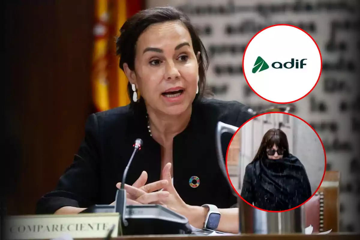 Una persona hablando en un micrófono con un logotipo de Adif y una imagen de una persona con gafas de sol y bufanda en círculos superpuestos.