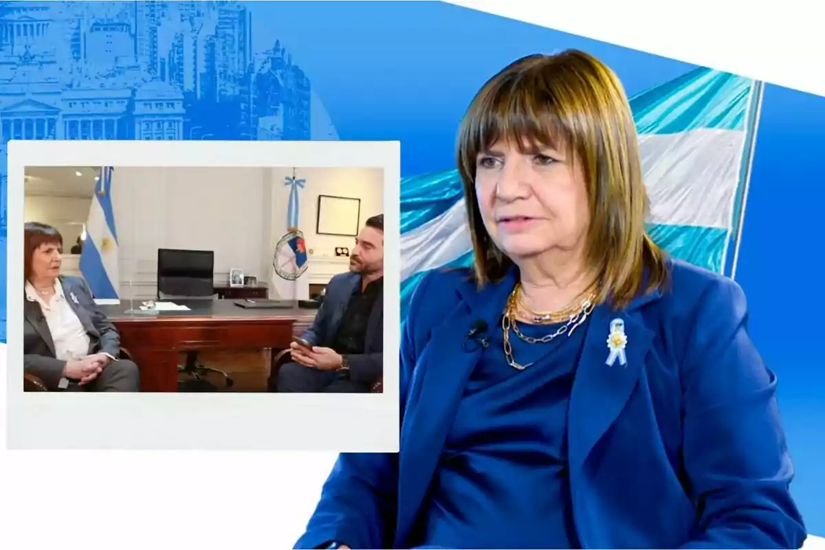 Una mujer con chaqueta azul y un lazo celeste y blanco en la solapa, con una bandera argentina de fondo y una imagen insertada de una reunión en una oficina con dos personas conversando.