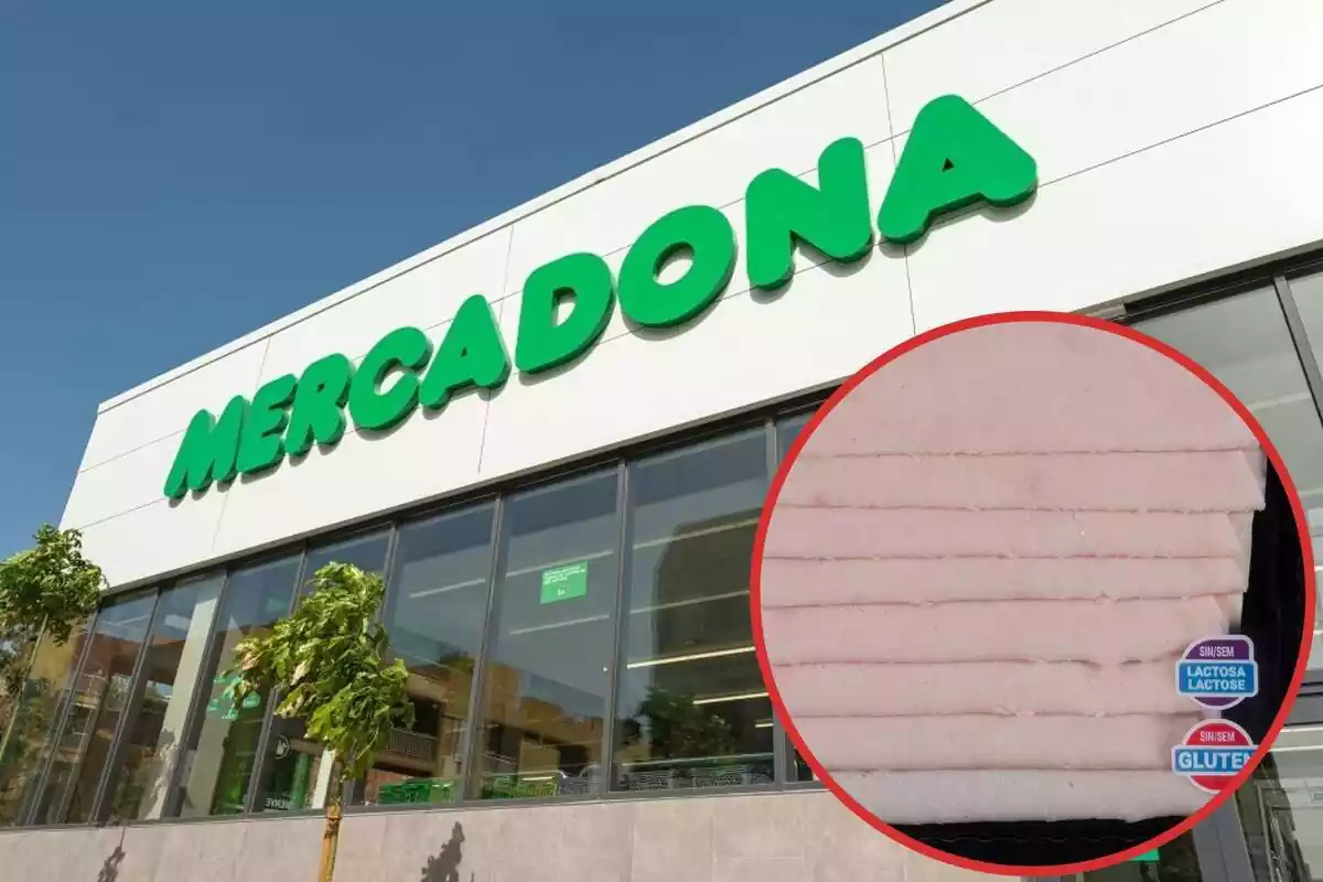 Montaje con fachada de un supermercado de Mercadona y en un círculo varias lonchas de pechuga de pavo