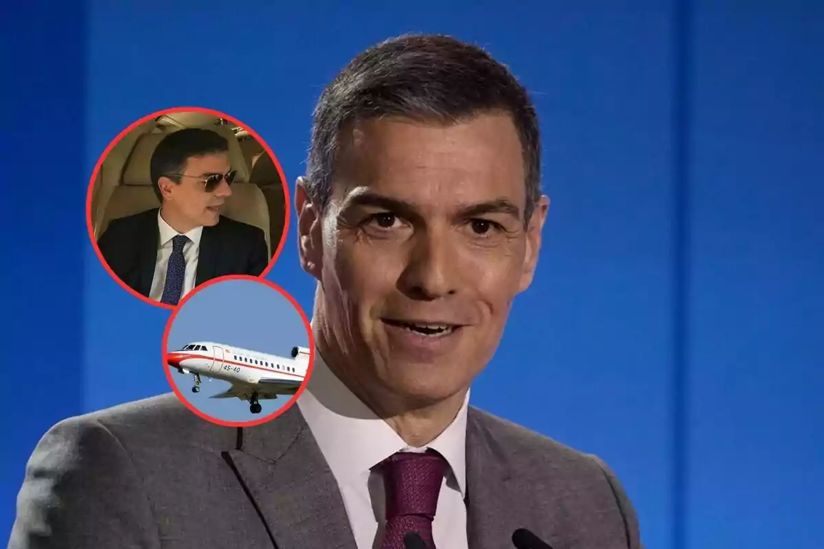 Un hombre con traje y corbata habla frente a un micrófono con un fondo azul, mientras en dos círculos rojos se muestran imágenes de un avión y de él mismo usando gafas de sol dentro de un avión.
