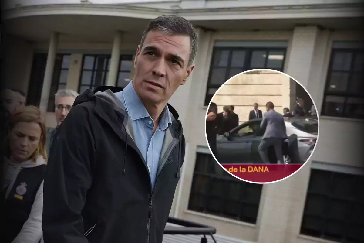 Un hombre con chaqueta oscura y camisa azul está de pie frente a un edificio, mientras que en un recuadro se muestra a varias personas alrededor de un coche.