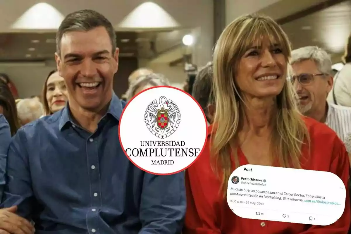 Dos personas sonrientes en un evento con el logo de la Universidad Complutense de Madrid y un tuit de Pedro Sánchez sobre el Tercer Sector.