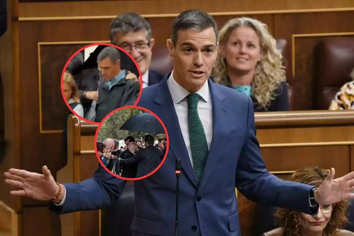 Un hombre en un traje azul habla en un podio en un entorno formal, con dos imágenes circulares superpuestas que muestran escenas de una multitud y una persona caminando.