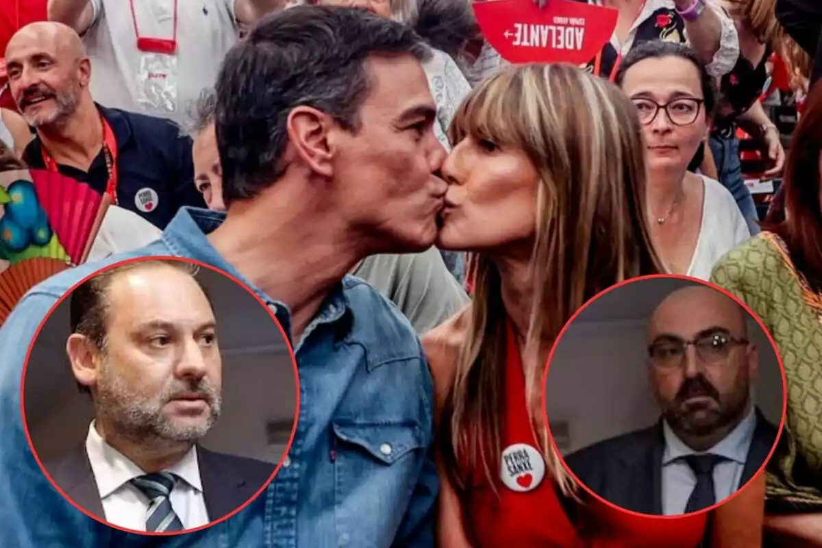 Una pareja se besa en un evento público, rodeada de personas, con dos rostros de hombres en círculos rojos superpuestos en la imagen.