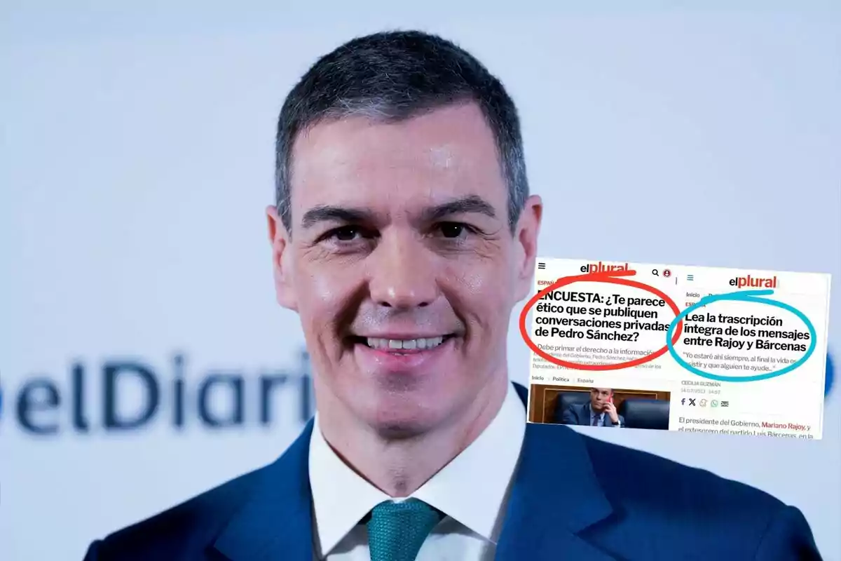 Un hombre sonriente con un recorte de noticias sobre encuestas y transcripciones de mensajes.