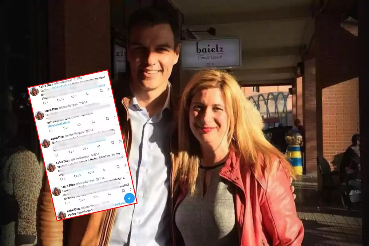 Dos personas posan sonrientes al aire libre mientras una captura de pantalla de varios tuits aparece superpuesta en la imagen