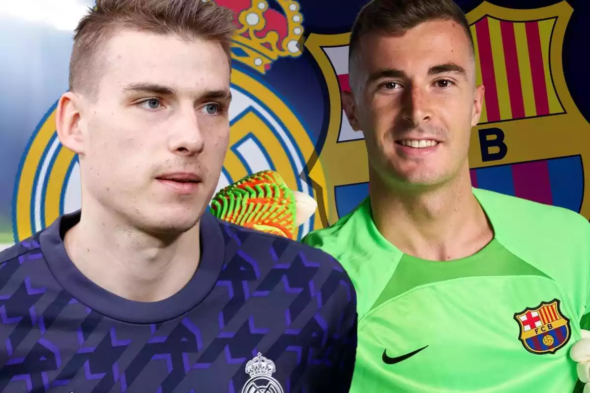 Andriy Lunin e Iñaki Peña en primer plano con los escudos del Barça y del Real Madrid de fondo