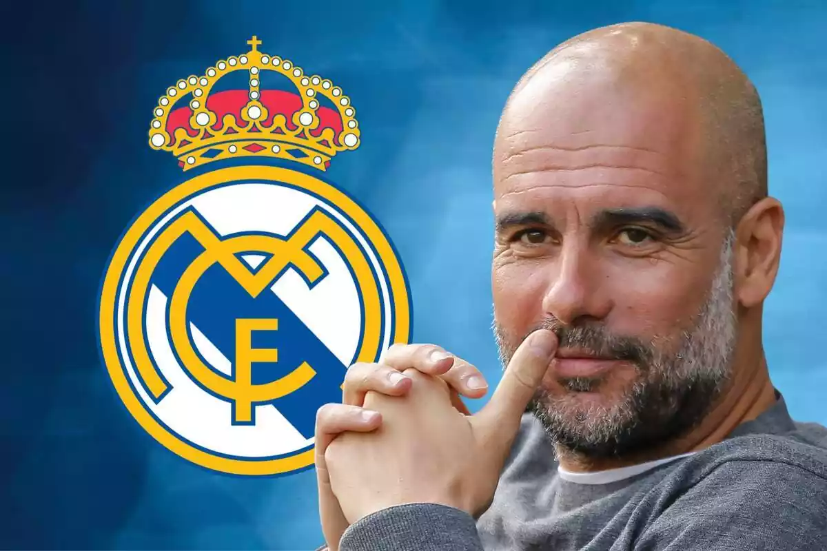 Montaje de Pep Guardiola con el escudo del Real Madrid