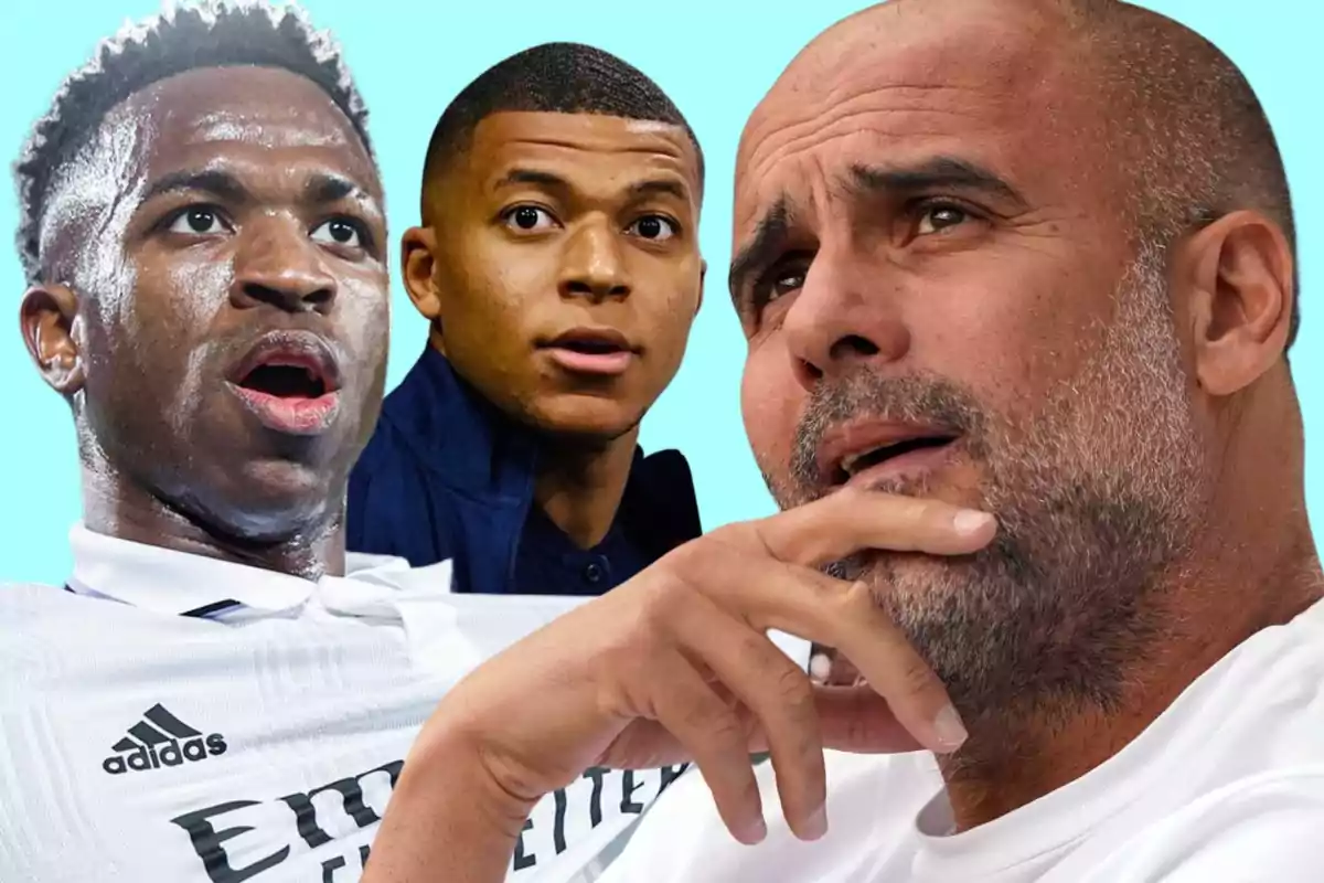 Pep Guardiola pensativo al lado de Vinícius y Mbappé