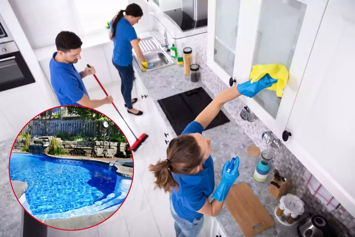 Personal de limpieza en una cocina con un círculo donde aparece una piscina