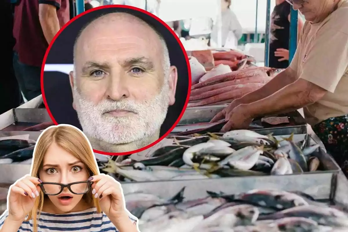 Imagen de fondo de una pescadería junto a otra imagen en primer plano del chef José Andrés y otra de una mujer con gesto de sorpresa