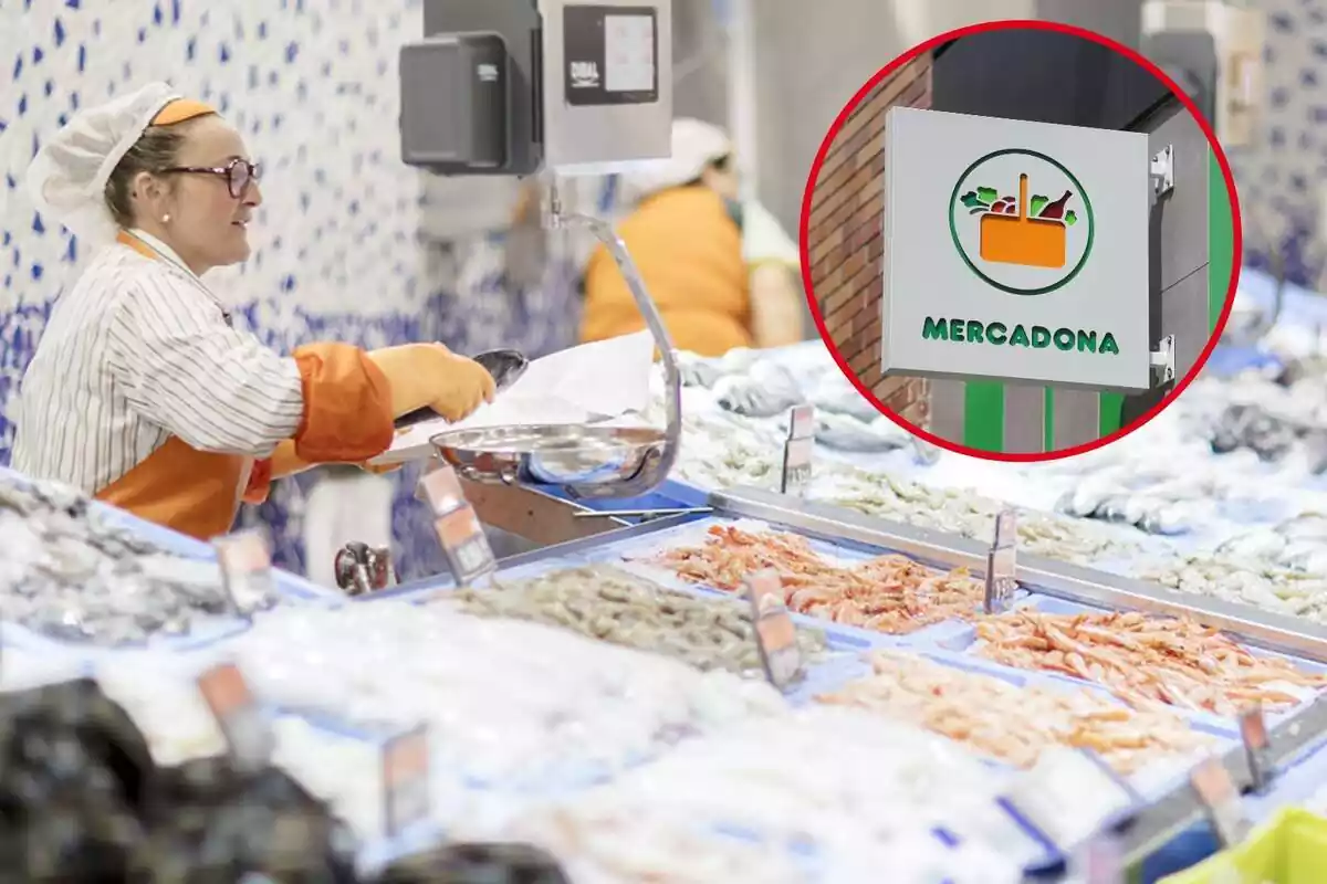 Empleada de Mercadona despachando en la pescadería