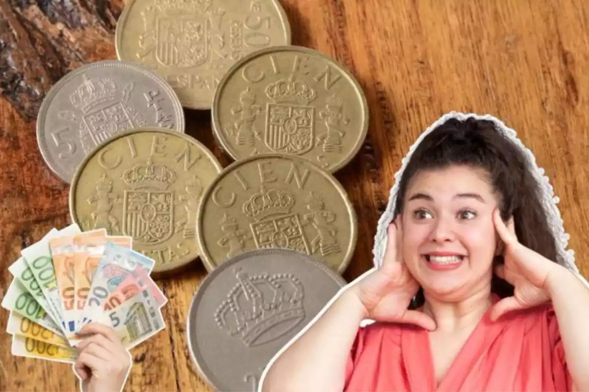 Imagen de fondo de varias pesetas amontonadas junto a una mano con billetes de euros y una mujer sorprendida