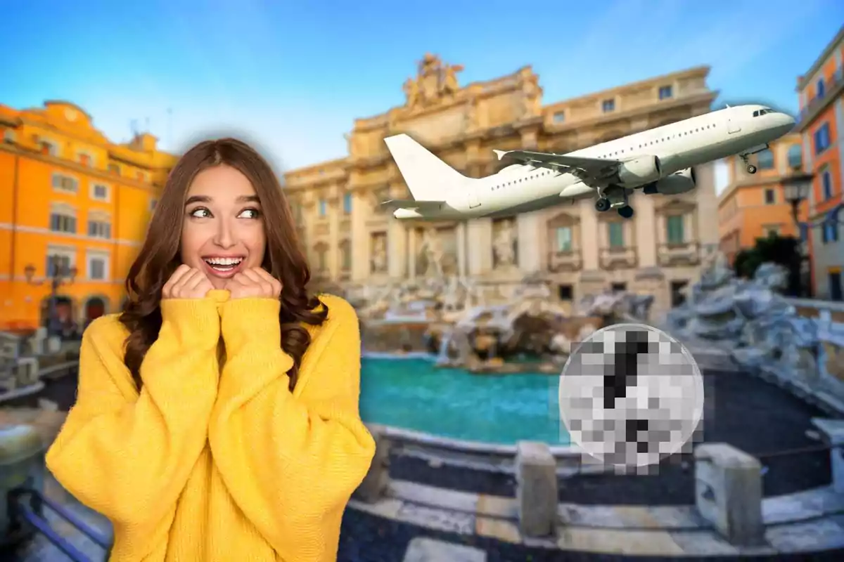 Una mujer sonriente con un suéter amarillo frente a la Fontana di Trevi con un avión volando sobre ella.