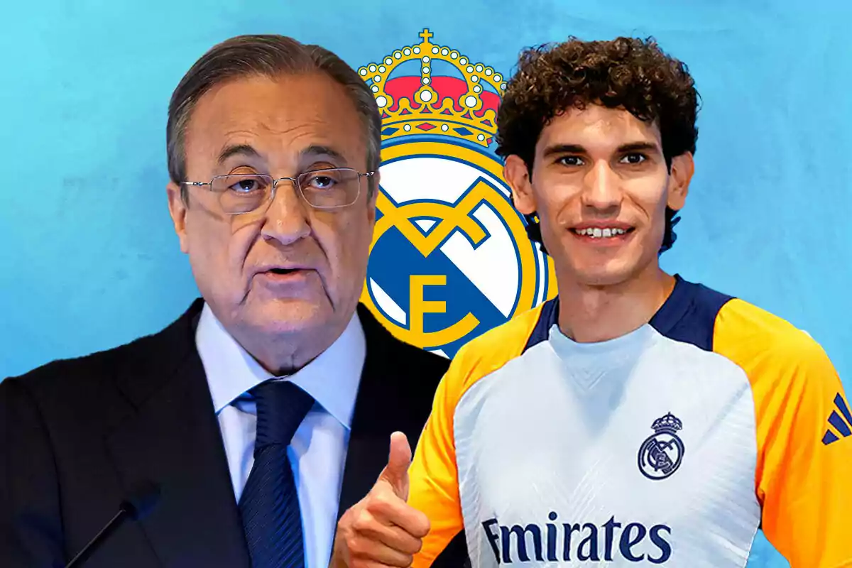 Florentino Pérez y Jesús Vallejo posan frente al escudo del Real Madrid, una de ellas lleva un traje y la otra una camiseta del equipo.