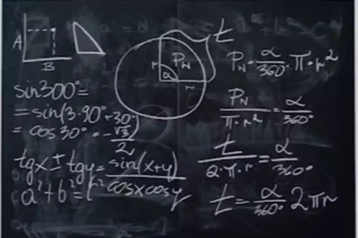 Pizarra con fórmulas matemáticas y diagramas geométricos escritos con tiza blanca.