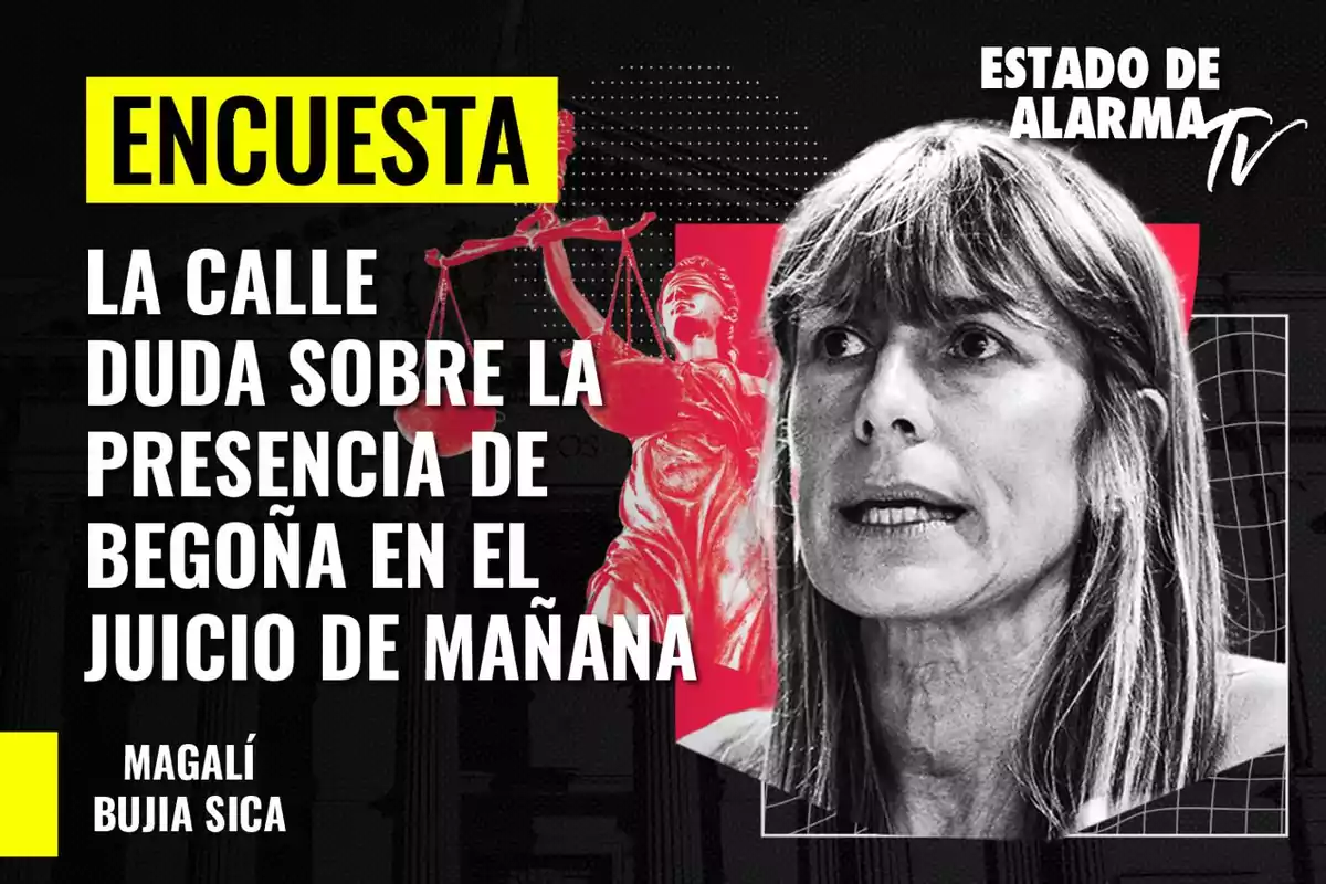 Imagen de un programa de televisión llamado "Estado de Alarma TV" con el título "ENCUESTA" en un recuadro amarillo, seguido del texto "LA CALLE DUDA SOBRE LA PRESENCIA DE BEGOÑA EN EL JUICIO DE MAÑANA" y el nombre "MAGALÍ BUJIA SICA" en la parte inferior izquierda, junto a una imagen de una mujer y una estatua de la justicia.