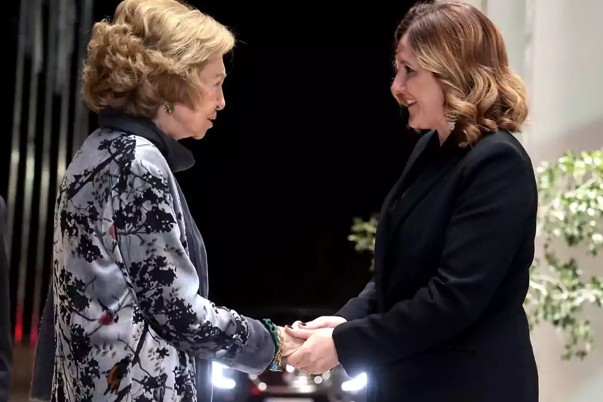 Two women greet each other cordially while looking into each other's eyes in an elegant setting.