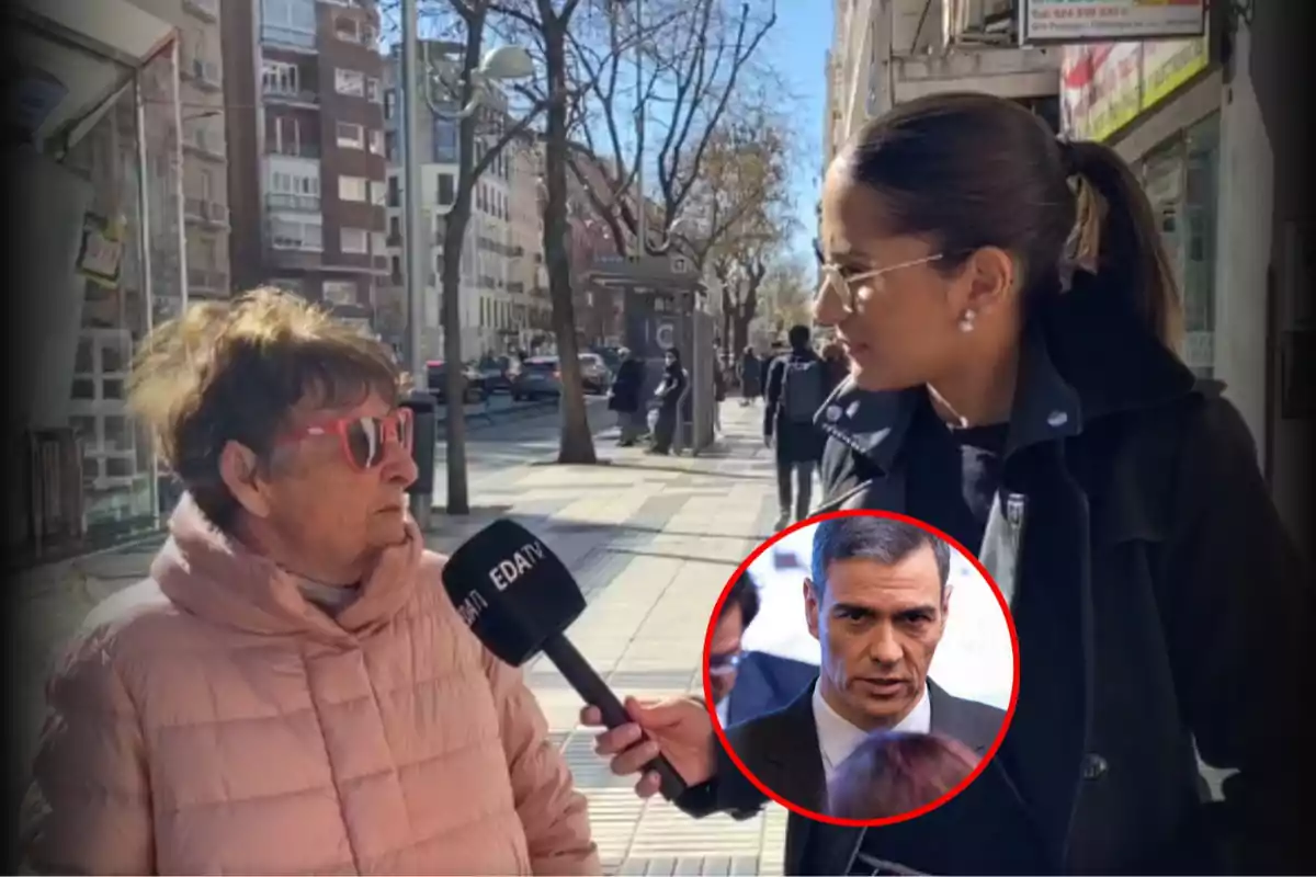 Una reportera entrevista a una mujer en la calle mientras sostiene un micrófono de EDATV, con una imagen de un hombre en un círculo rojo superpuesta.