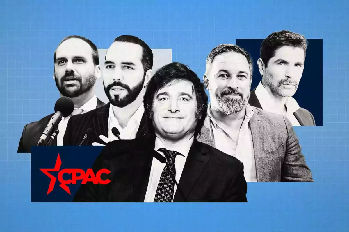 Un grupo de cinco hombres en trajes formales sobre un fondo azul con el logotipo de CPAC en rojo.