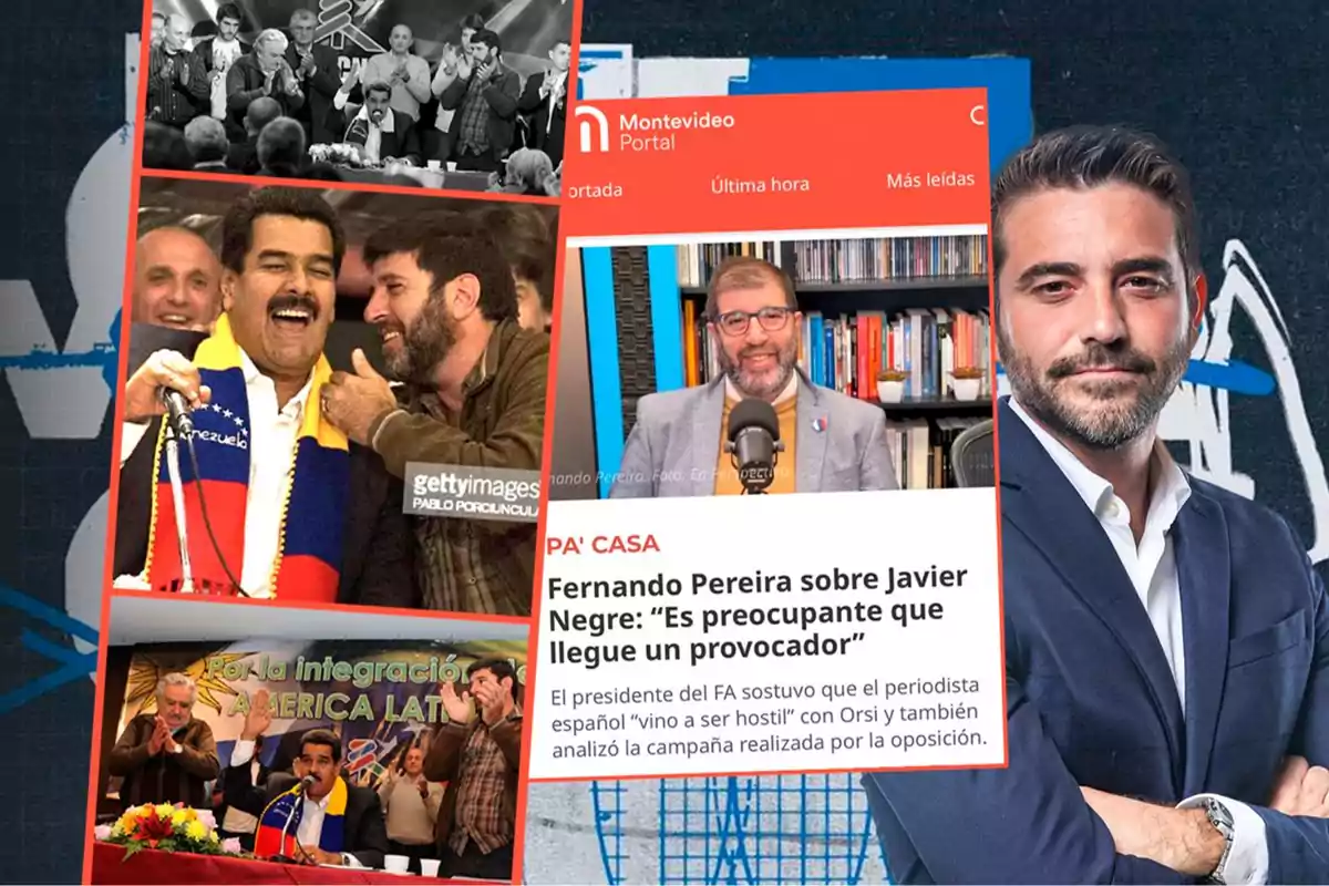 Collage de imágenes que muestra a varias personas en diferentes contextos, incluyendo una conferencia y una entrevista, junto con un titular de noticia sobre un comentario de Fernando Pereira.