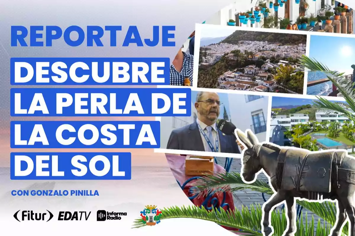 Report on the Costa del Sol with images of landscapes and a donkey statue, presented by Gonzalo Pinilla.