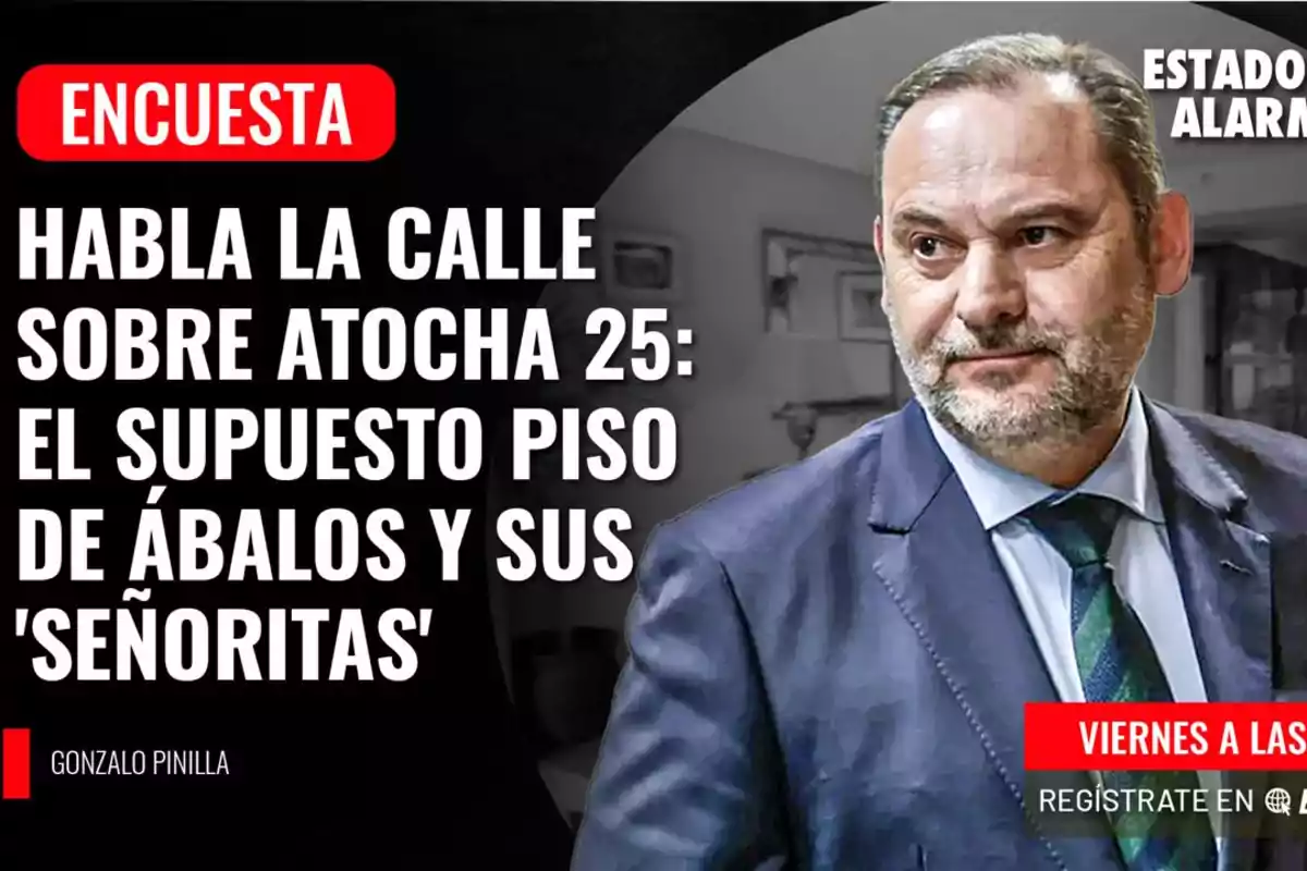 Encuesta sobre el supuesto piso de Ábalos en Atocha 25 y sus 'señoritas', con un hombre en traje y corbata, y texto que menciona "Estado de Alarma" y "Gonzalo Pinilla".