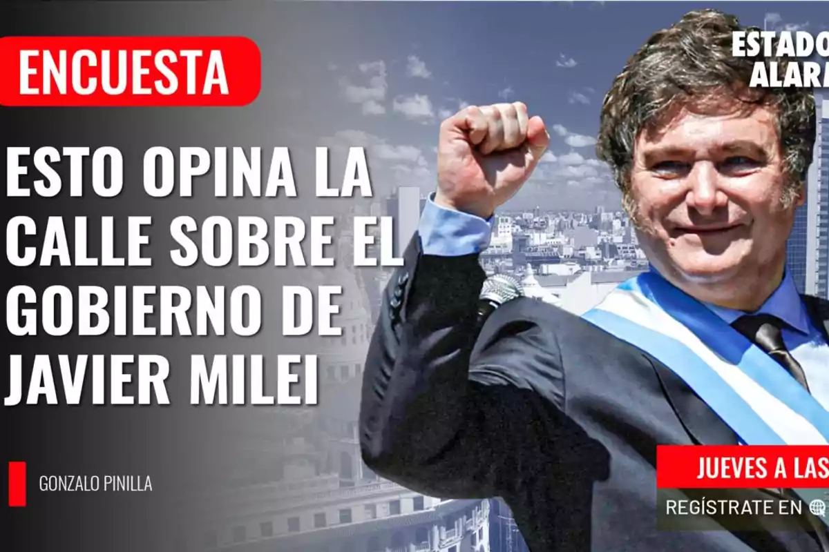 Una persona con traje y banda presidencial levanta el puño, junto a un texto que dice "Encuesta: Esto opina la calle sobre el gobierno de Javier Milei".