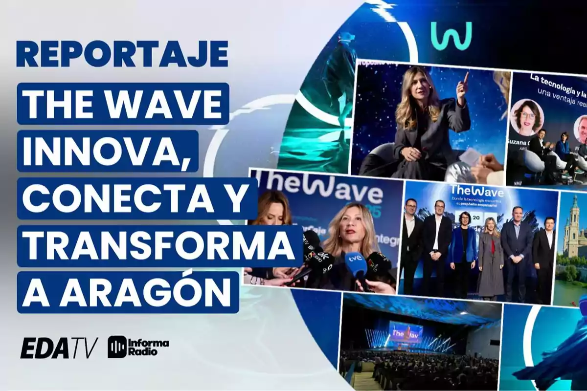 Report on The Wave, highlighting innovation, connection, and transformation in Aragón, with images of conferences and interviews.