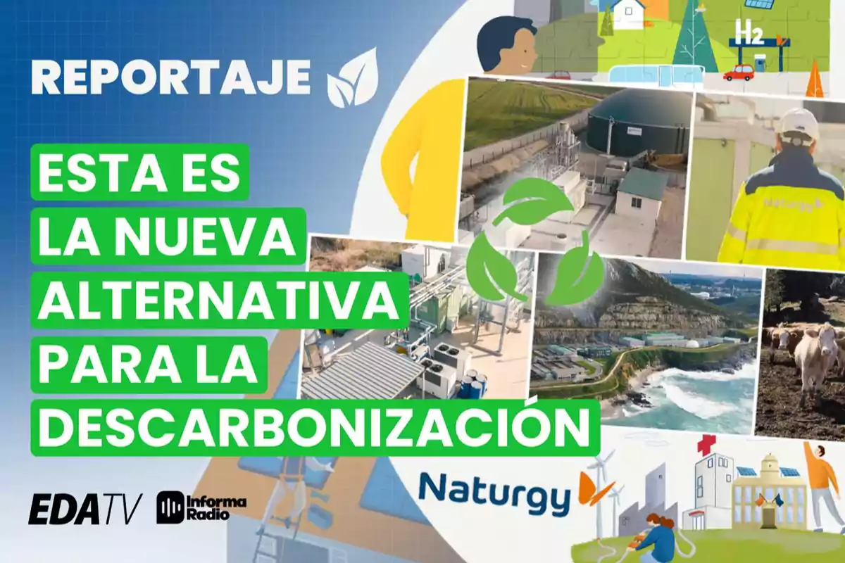 Imagen de un reportaje sobre una nueva alternativa para la descarbonización con el logo de Naturgy y elementos relacionados con energías renovables y sostenibilidad.