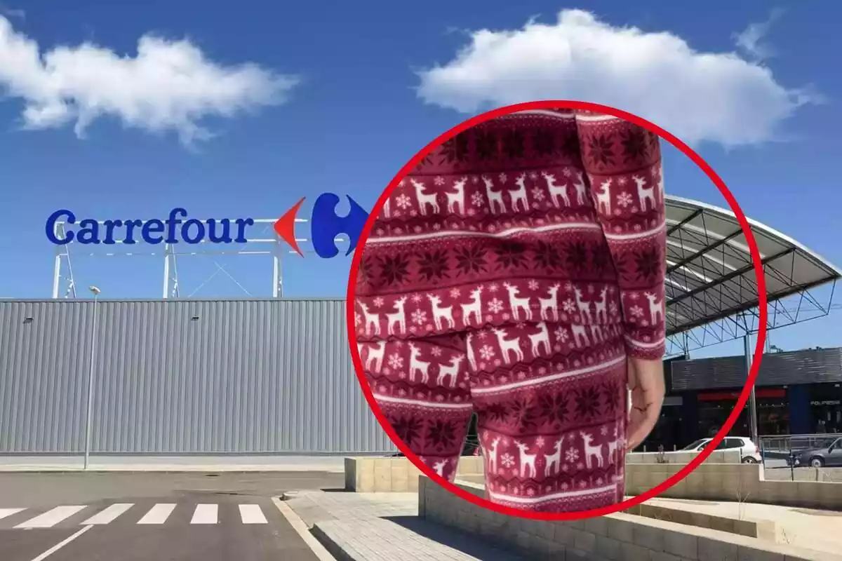 Detalle de pijama de Navidad inserto en círculo rojo sobre fondo de parking Carrefour Detalle de pijama de Navidad inserto en círculo rojo sobre fondo de parking Carrefour