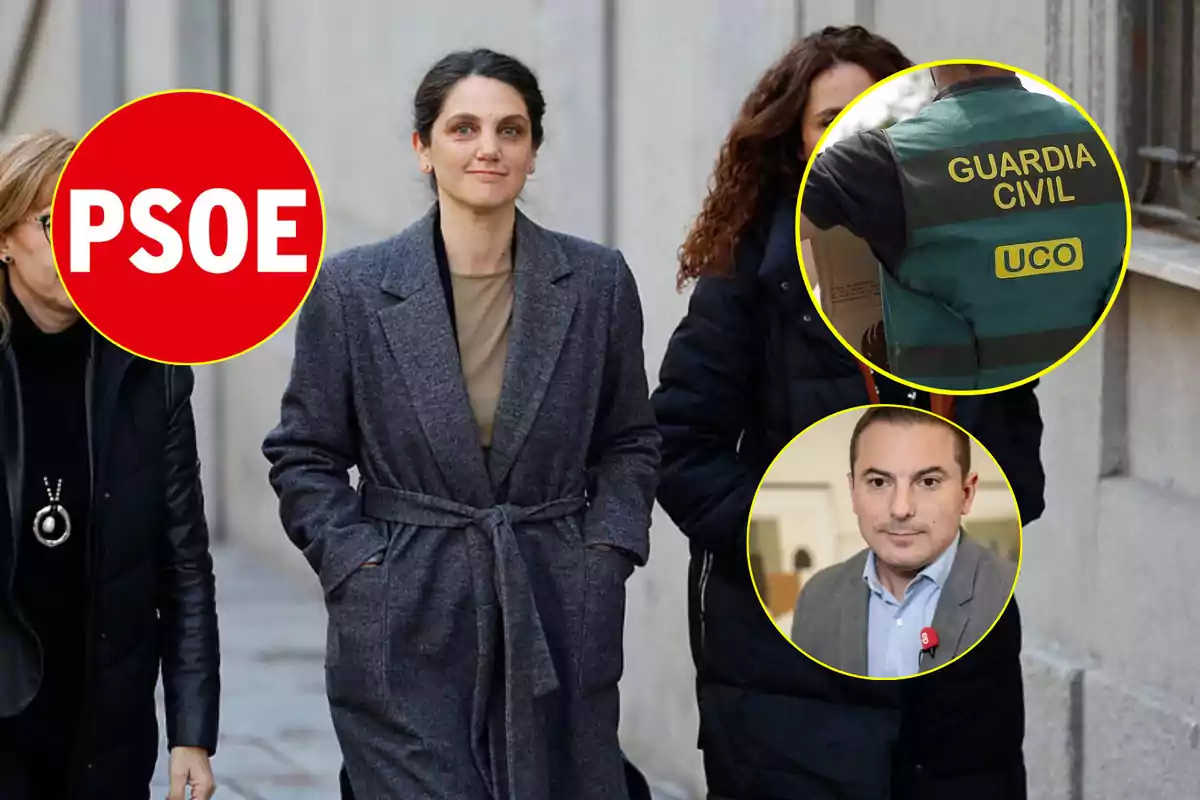 Una mujer camina por la calle acompañada de otras personas, con un logotipo del PSOE y dos imágenes circulares superpuestas que muestran a un agente de la Guardia Civil y a un hombre con traje.