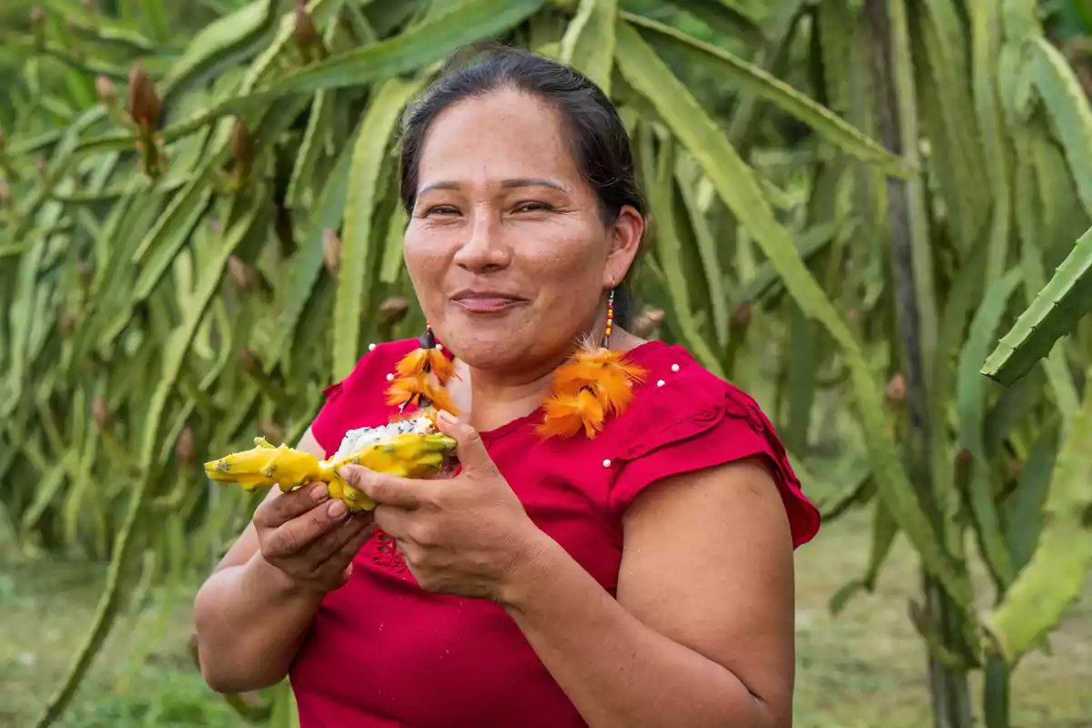 Una mujer sonriente con aretes de plumas naranjas sostiene una pitahaya amarilla en un campo de cactus.