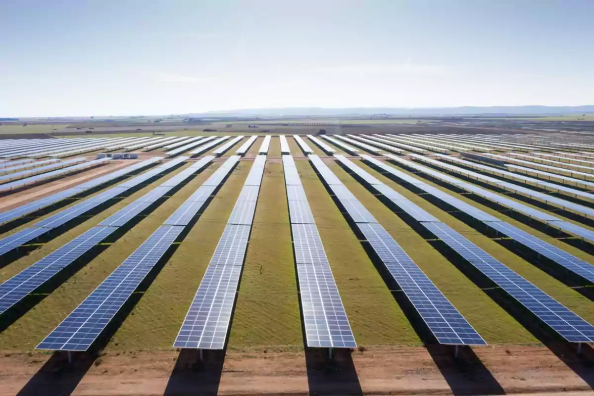 Vista panorámica de un extenso campo de paneles solares en un día soleado.