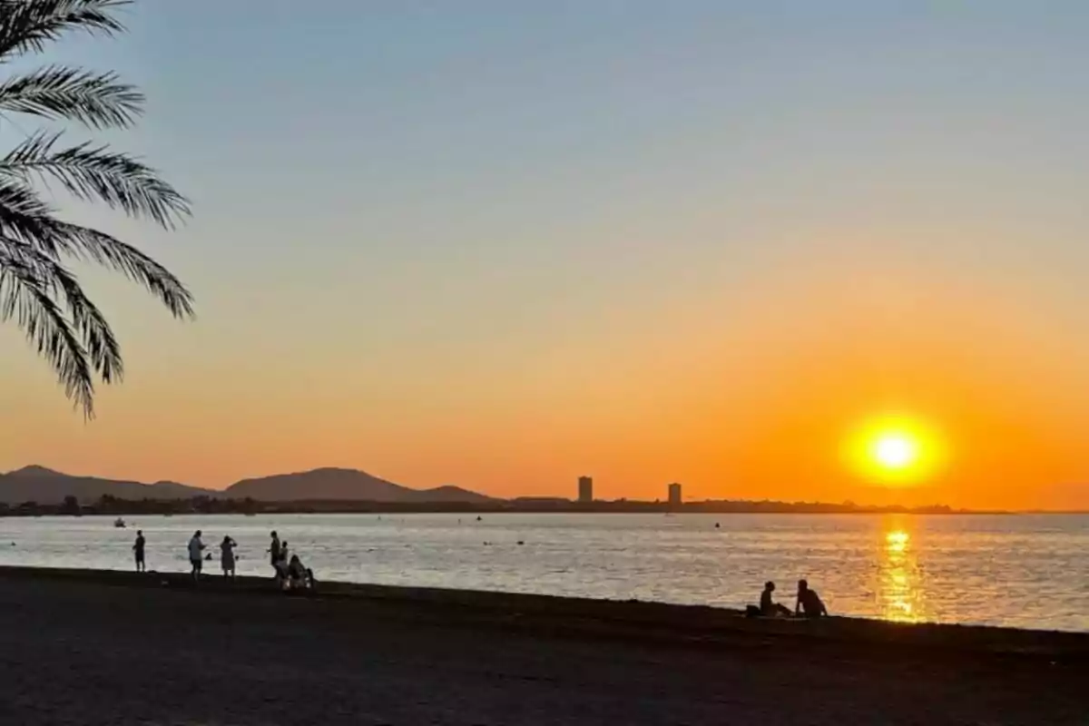 Atardecer en la playa con personas caminando y sentadas en la arena, palmera a la izquierda y montañas en el fondo.