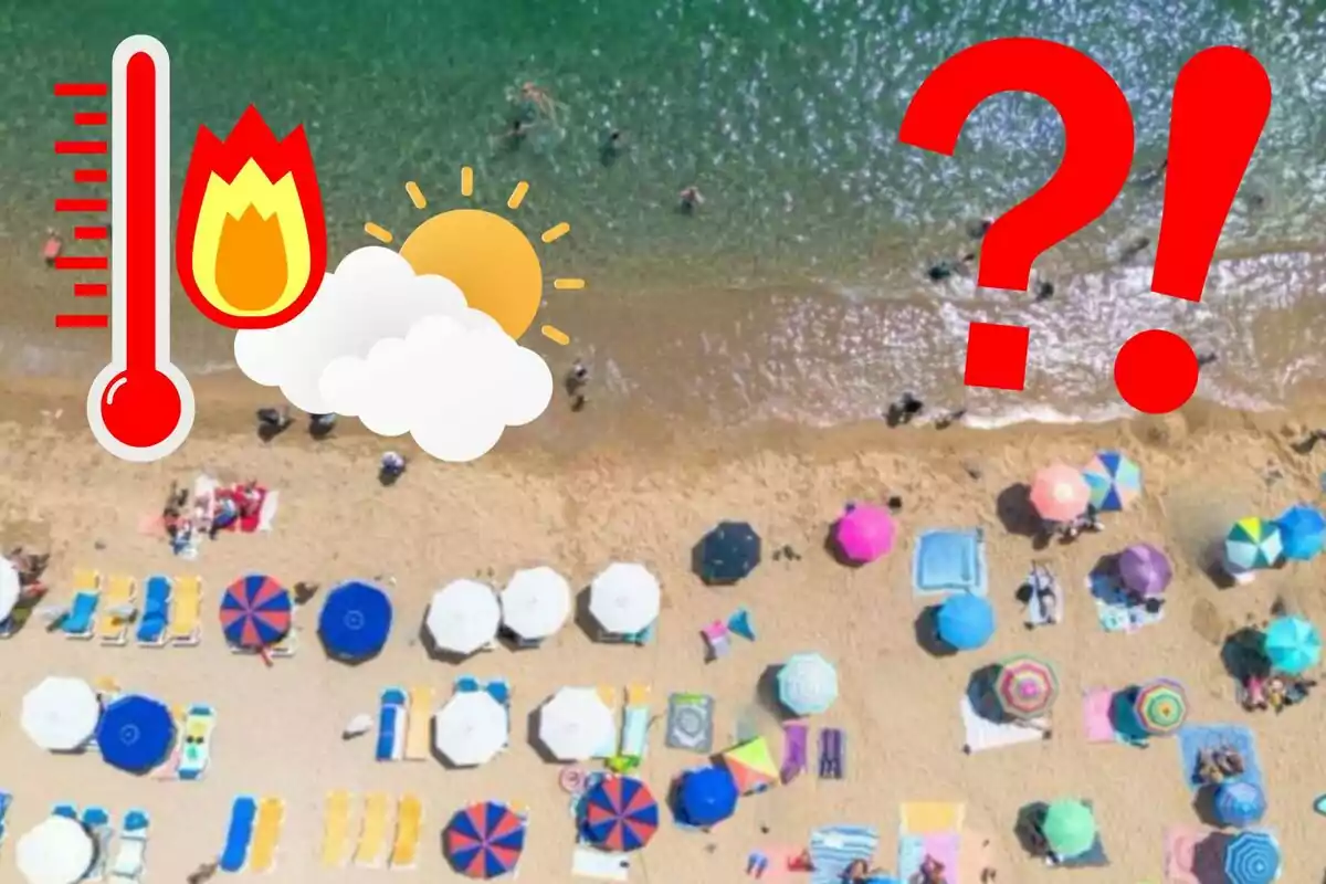Una playa con sombrillas de colores y personas en el agua, con iconos de un termómetro, una llama, un sol y una nube, y signos de interrogación y exclamación en rojo.