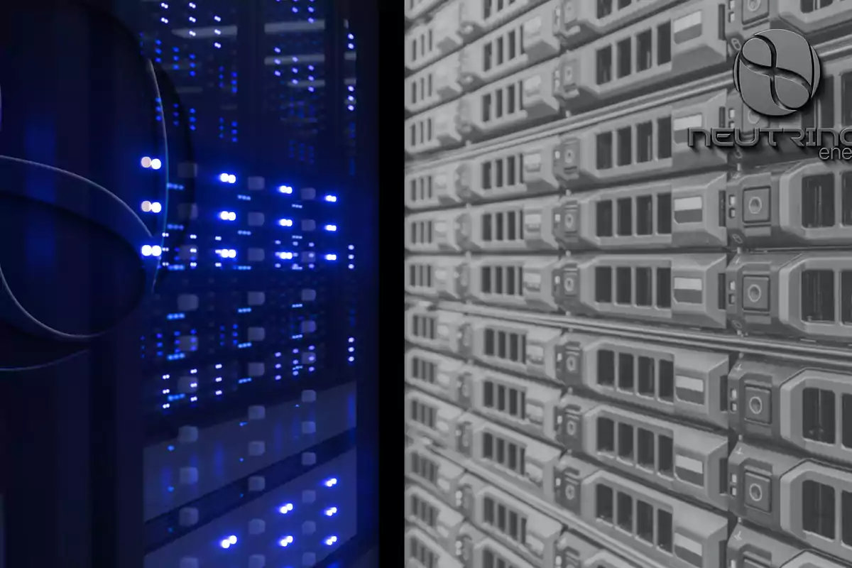 A data center with blue LED lights and a black and white server wall.