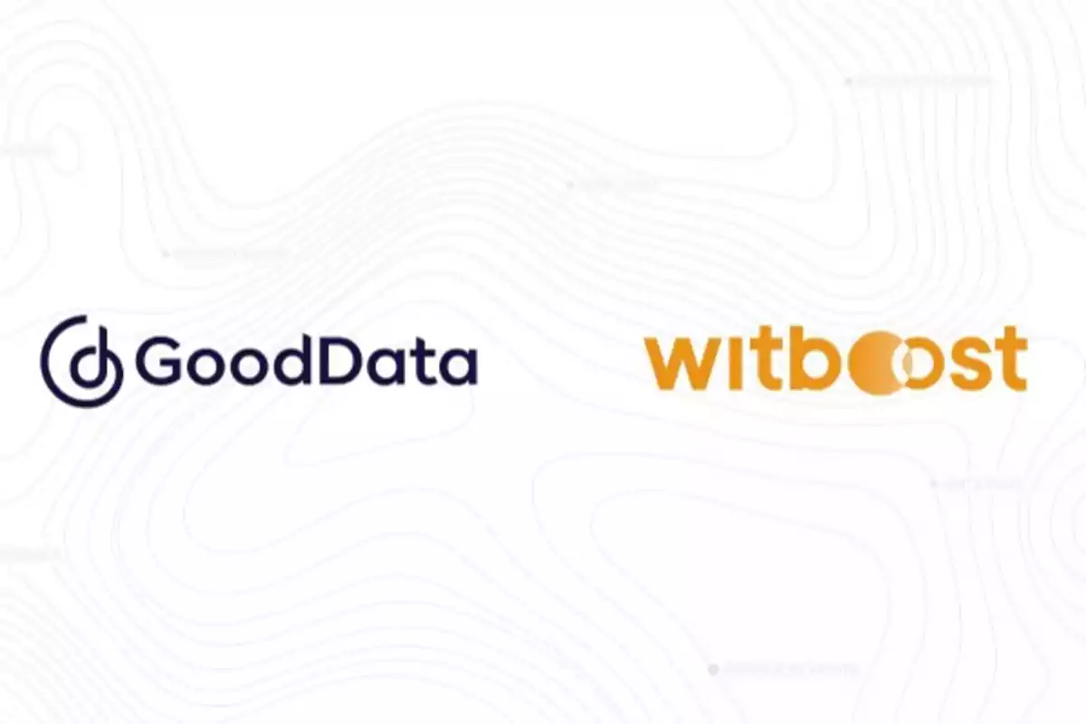 Logotipos de GoodData y witboost sobre un fondo con líneas onduladas.