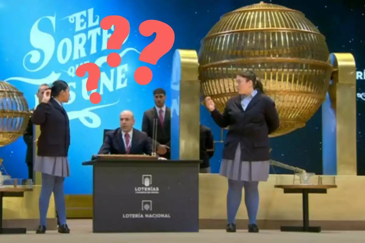 Personas en un sorteo de lotería con un gran bombo dorado y signos de interrogación en el aire.