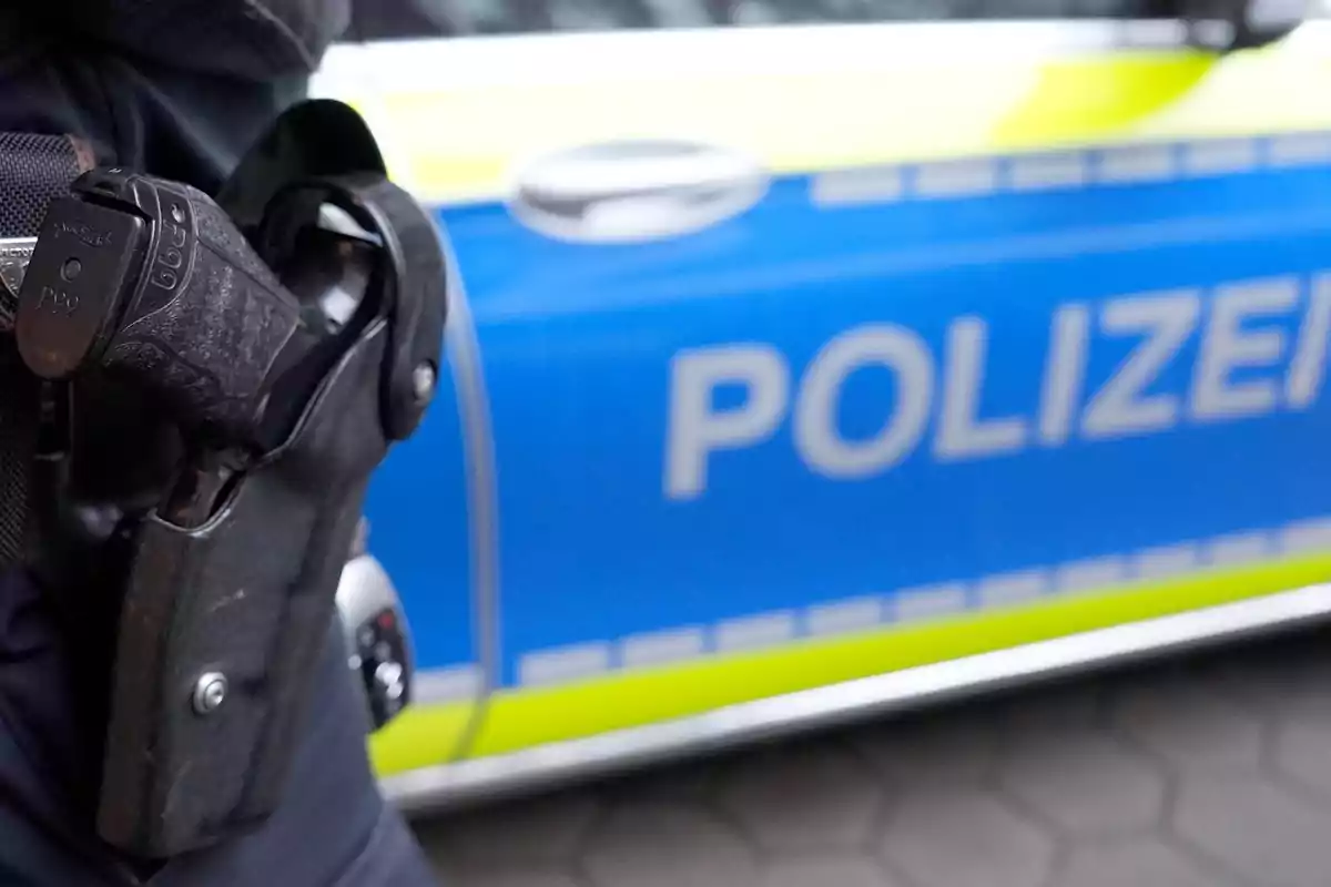 Un oficial de policía con una pistola en su funda frente a un coche patrulla azul y amarillo con la palabra "Polizei".