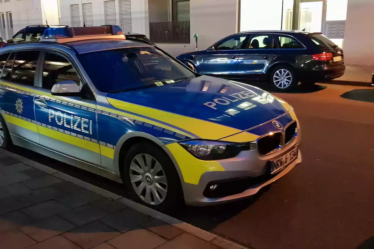 Patrulla de policía alemana estacionada en una calle urbana durante la noche Patrulla de policía alemana estacionada en una calle urbana durante la noche
