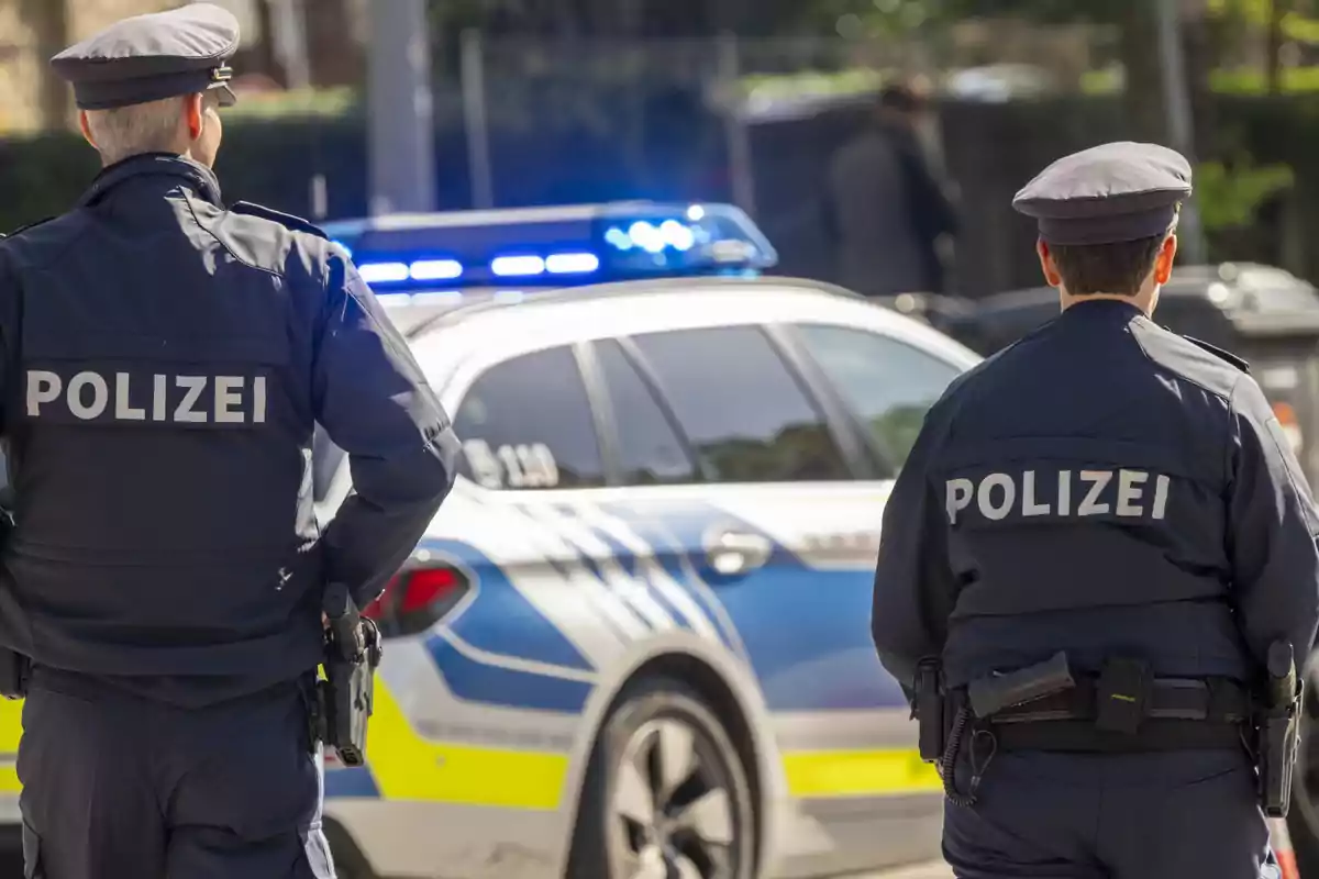 Dos policías de espaldas con uniformes que dicen "Polizei" frente a un coche patrulla con luces encendidas.