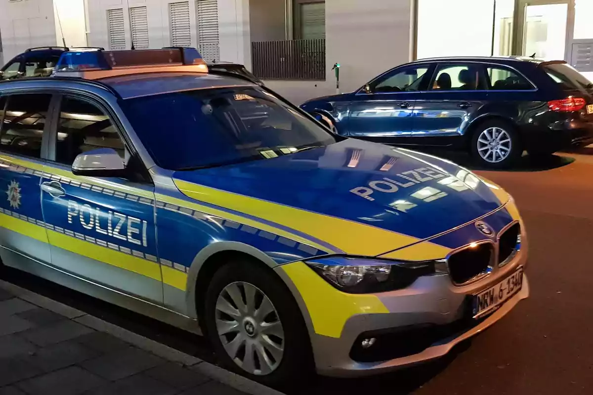 Un coche de policía alemán estacionado en la calle junto a otro vehículo. Un coche de policía alemán estacionado en la calle junto a otro vehículo.