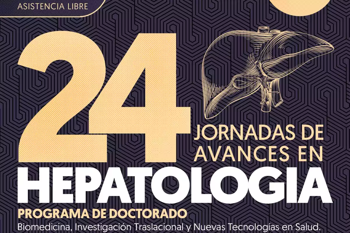 Cartel promocional de las 24 Jornadas de Avances en Hepatología, parte del programa de doctorado en Biomedicina, Investigación Traslacional y Nuevas Tecnologías en Salud, con asistencia libre.