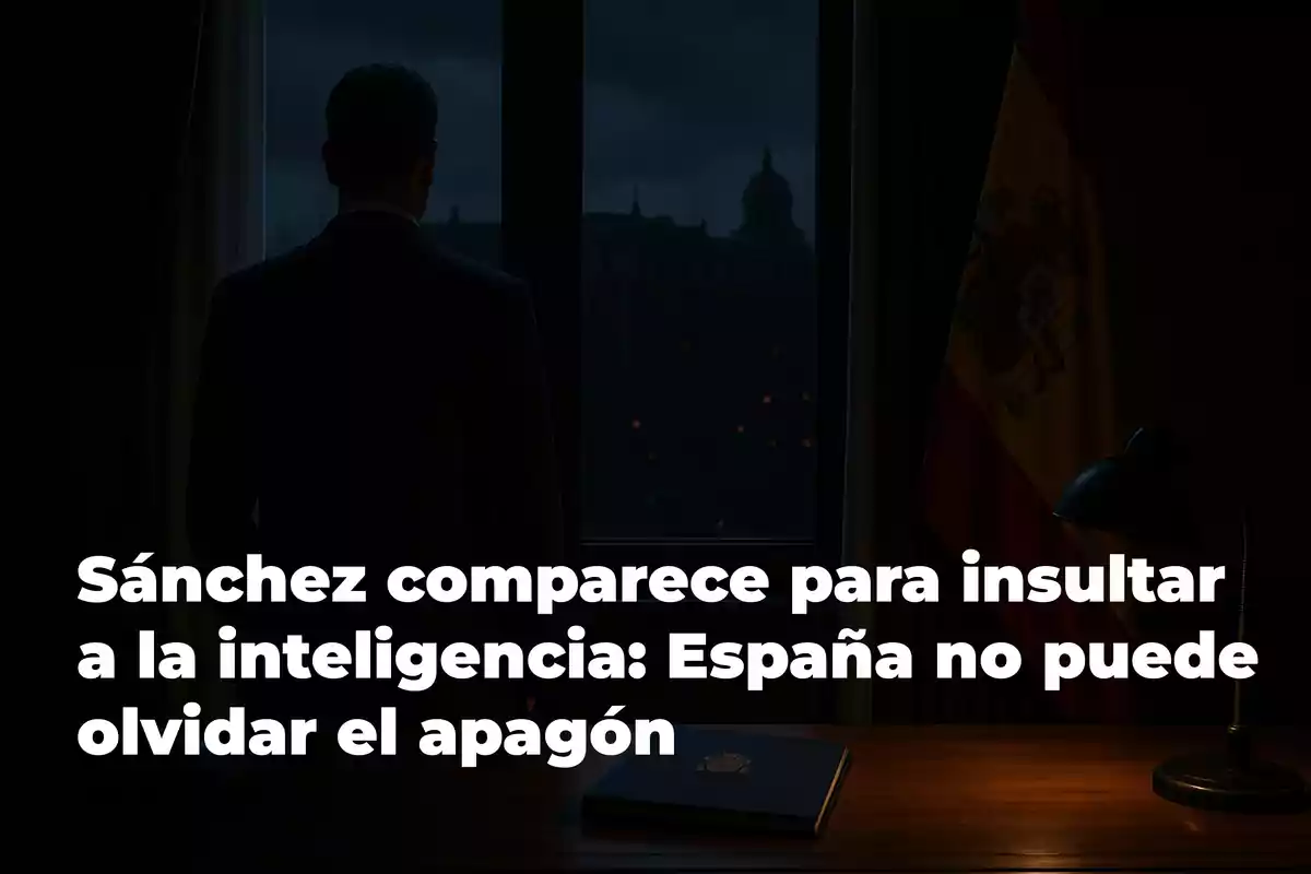 Un hombre de espaldas frente a una ventana oscura con una bandera española y un escritorio con una lámpara.