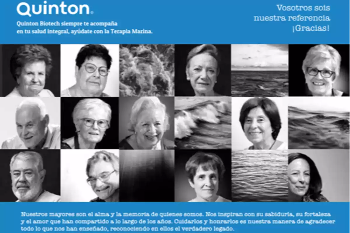 Un collage de retratos en blanco y negro de personas mayores intercalados con imágenes del mar, acompañado de un mensaje de agradecimiento y reconocimiento hacia ellos.