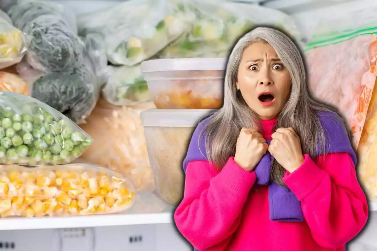 Mujer asustada con una imagen de fondo de un congelador con alimentos congelados Mujer asustada con una imagen de fondo de un congelador con alimentos congelados