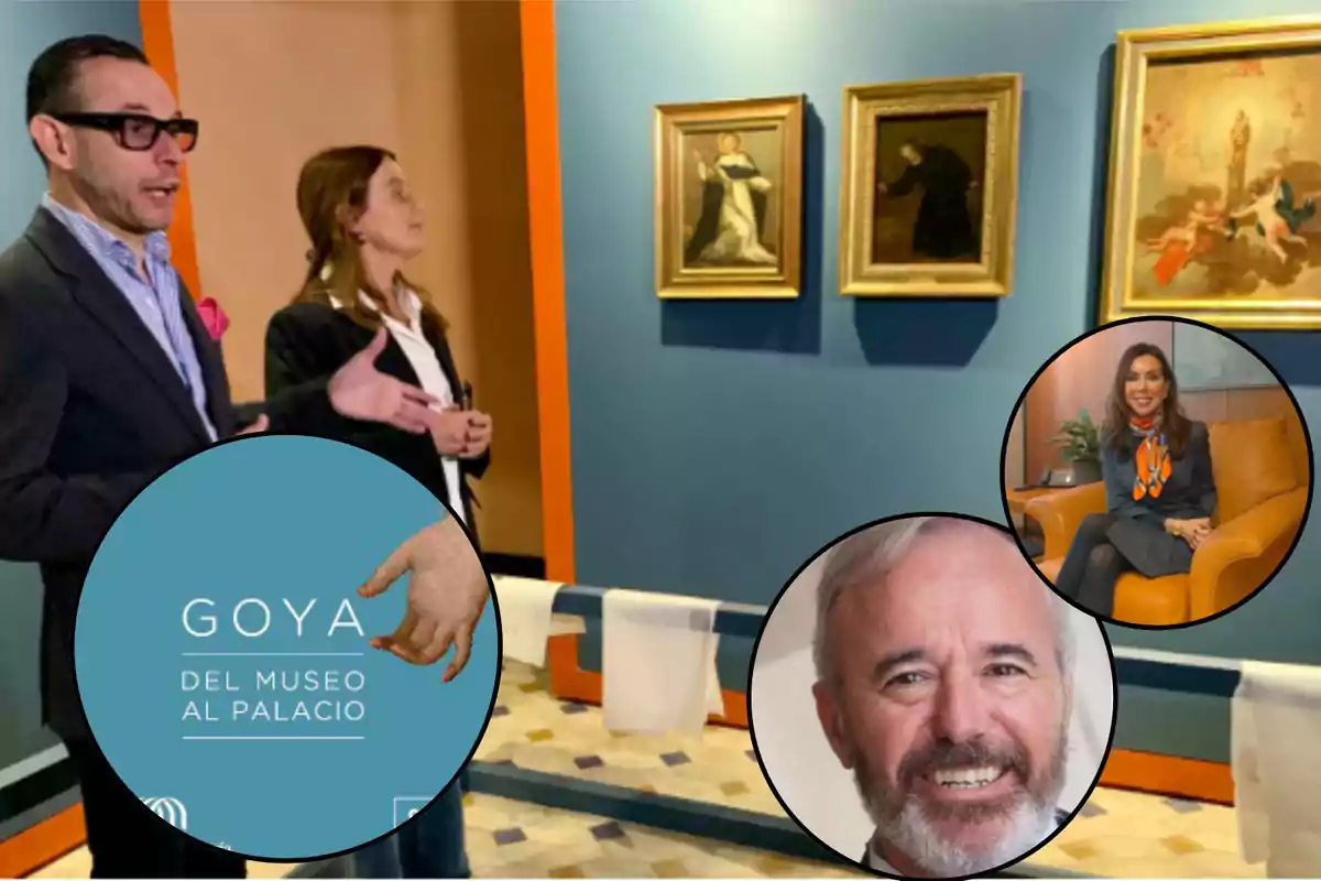 Personas observan pinturas en una galería con círculos que muestran a otras personas y el texto "Goya del Museo al Palacio".