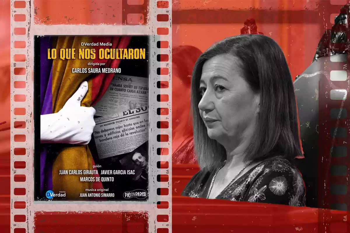 Una mujer de perfil aparece junto a un cartel de película titulado "Lo que nos ocultaron", dirigido por Carlos Saura Medrano, con un diseño que incluye una mano con guante blanco levantando un pulgar frente a un periódico.